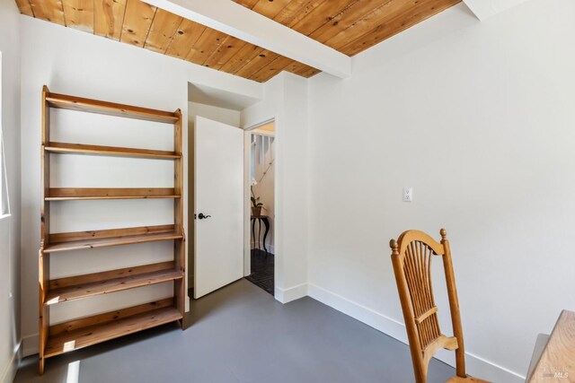 9 Buckeye Cir, Woodacre, CA 94973 - bedroom with finished concrete floors, wood ceiling, baseboards, and beam ceiling