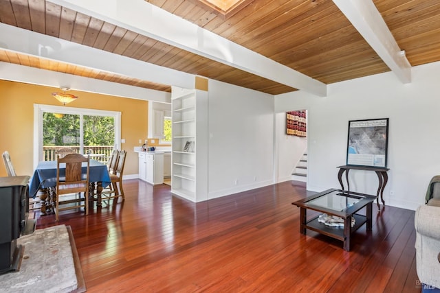 9 Buckeye Cir, Woodacre, CA 94973 - living room with beam ceiling, stairway, baseboards, wood finished floors, and wooden ceiling