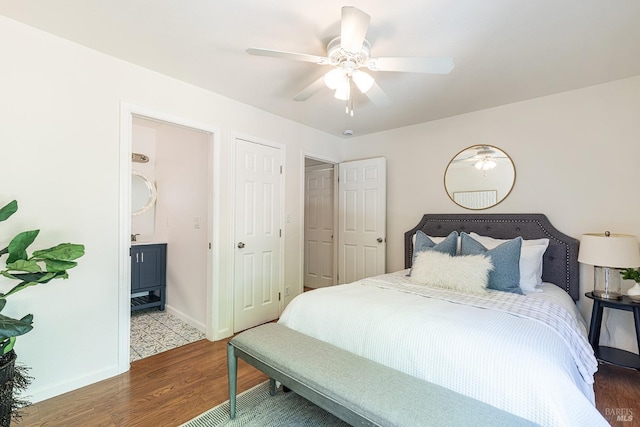 2095 W Pueblo Ave Unit A, Napa, CA 94558 - bedroom featuring wood finished floors, baseboards, ensuite bath, and ceiling fan