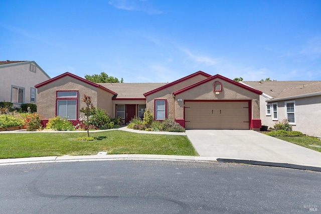 573 Laurel Pl, Rio Vista, CA 94571 - single story home featuring a garage, stucco siding, a front lawn, concrete driveway, and a tile roof