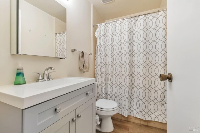 full bathroom featuring toilet, wood finished floors, vanity, and a shower with shower curtain