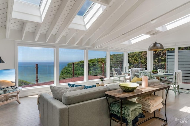 sunroom featuring a skylight, wood finished floors, and a water view