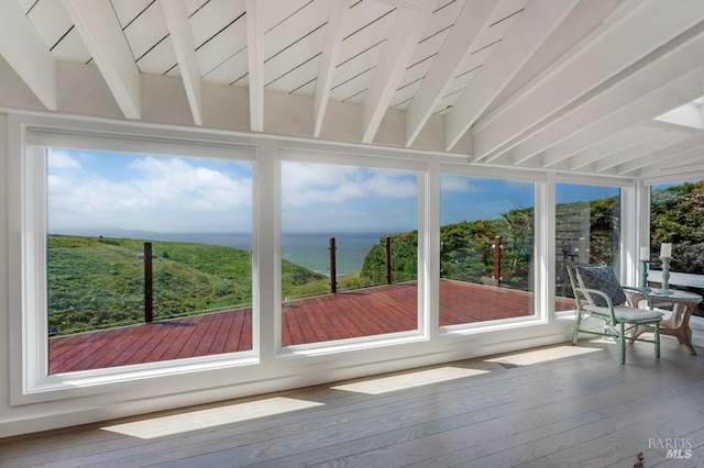 unfurnished sunroom featuring hardwood / wood-style flooring, expansive windows, and a water view
