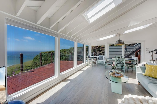 sunroom / solarium featuring a skylight, healthy amount of natural light, hardwood / wood-style floors, and expansive windows