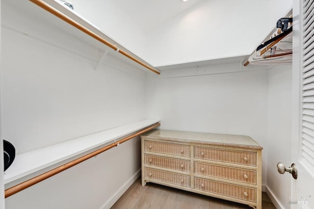 walk in closet with light wood finished floors