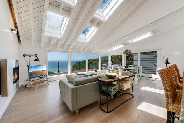 living area with a skylight, a large fireplace, and wood-type flooring