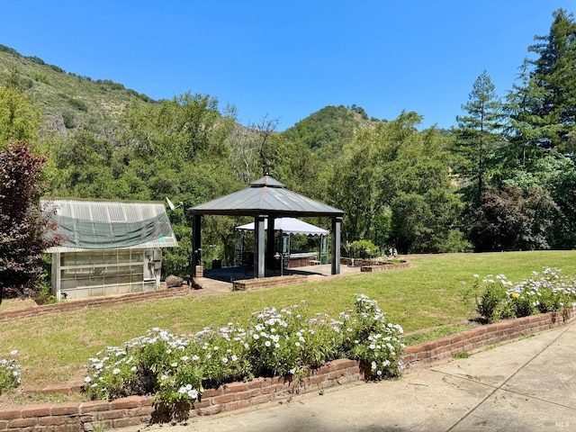 4511 Dry Creek Rd, Napa, CA 94558 - view of community featuring a gazebo, a greenhouse, a lawn, an outbuilding, and a forest view