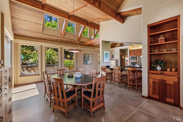 1 Dover Rd, Inverness, CA 94937 - dining room with high vaulted ceiling, wood ceiling with exposed beams, a skylight, and concrete floors
