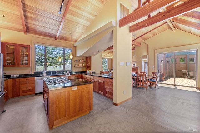 1 Dover Rd, Inverness, CA 94937 - kitchen with wood ceiling with exposed beams, brown cabinets, dishwasher, glass insert cabinets, and concrete floors
