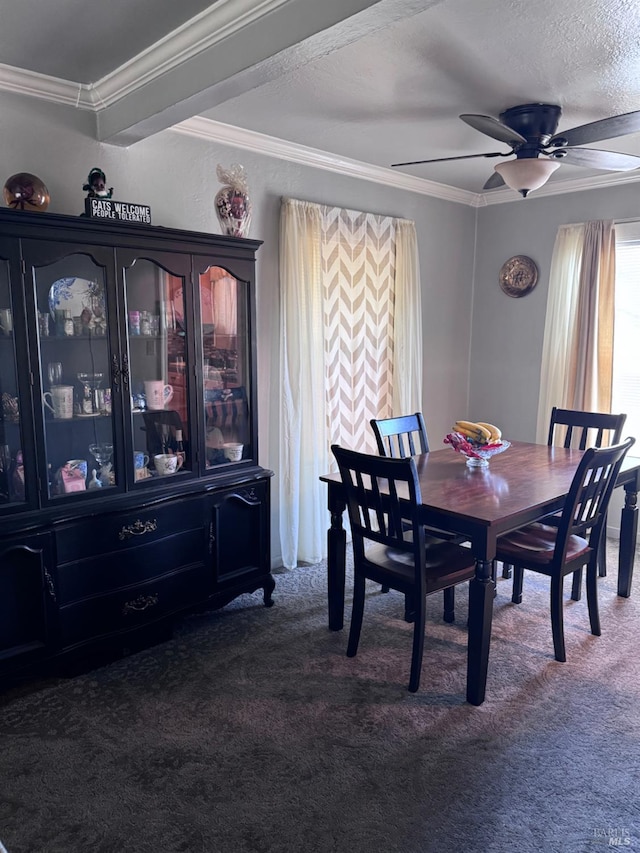 812 Grant St, Vallejo, CA 94590 - carpeted dining room featuring crown molding, ceiling fan, and a textured ceiling