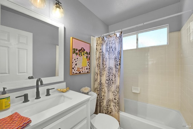 full bath with toilet, shower / tub combo with curtain, and vanity