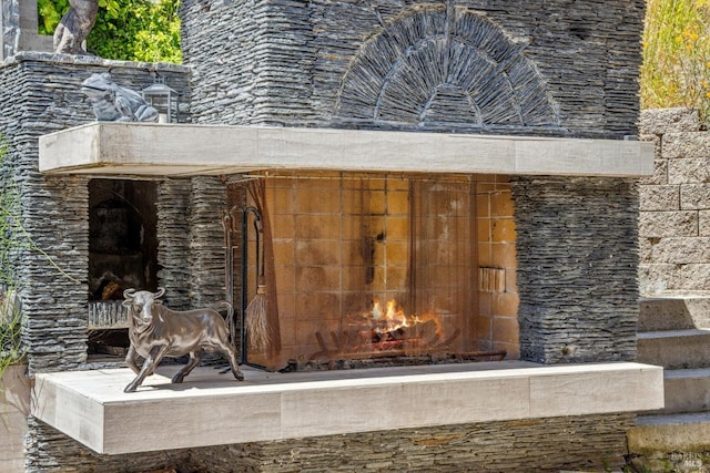 detailed view of a warm lit fireplace