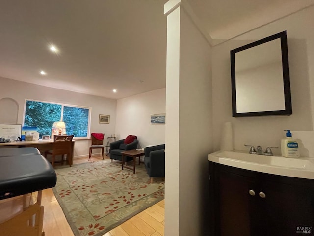 10 Millwood St, Mill Valley, CA 94941 - bathroom featuring wood finished floors, recessed lighting, and vanity