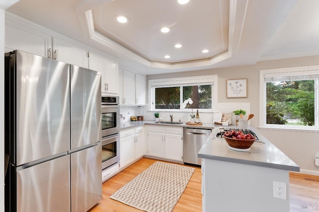 587 El Capitan Dr, Danville, CA 94526 - kitchen featuring stainless steel appliances, a peninsula, a sink, crown molding, and tasteful backsplash