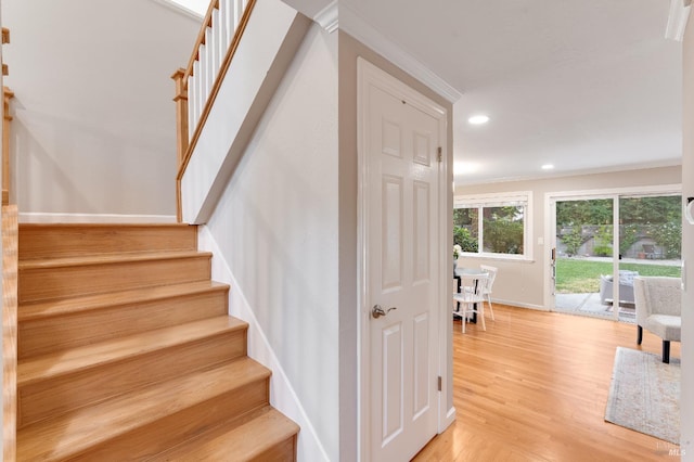 587 El Capitan Dr, Danville, CA 94526 - staircase featuring ornamental molding, baseboards, wood finished floors, and recessed lighting