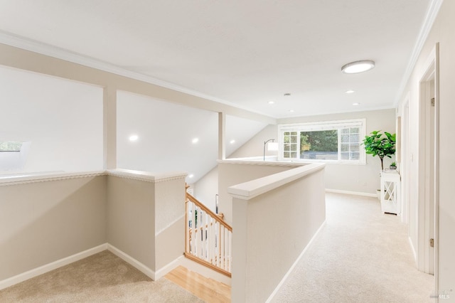587 El Capitan Dr, Danville, CA 94526 - corridor with an upstairs landing, light colored carpet, baseboards, ornamental molding, and recessed lighting