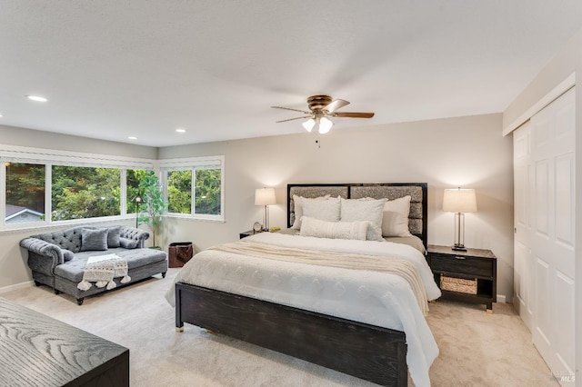 587 El Capitan Dr, Danville, CA 94526 - bedroom featuring light carpet, a closet, baseboards, recessed lighting, and a ceiling fan