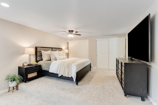 587 El Capitan Dr, Danville, CA 94526 - bedroom with light carpet, baseboards, and a ceiling fan
