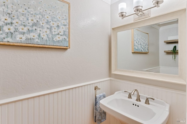 587 El Capitan Dr, Danville, CA 94526 - bathroom with wainscoting, a sink, a decorative wall, a textured wall, and crown molding