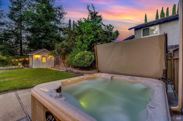 587 El Capitan Dr, Danville, CA 94526 - view of patio featuring a hot tub and an outbuilding