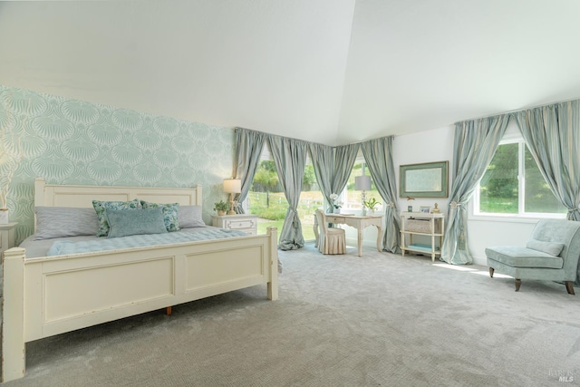 155 H Ln, Novato, CA 94945 - bedroom featuring wallpapered walls, carpet floors, and vaulted ceiling