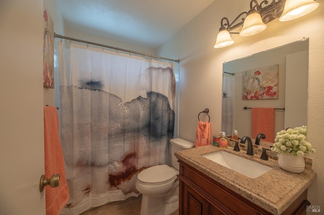full bathroom with toilet, vanity, and a shower with shower curtain