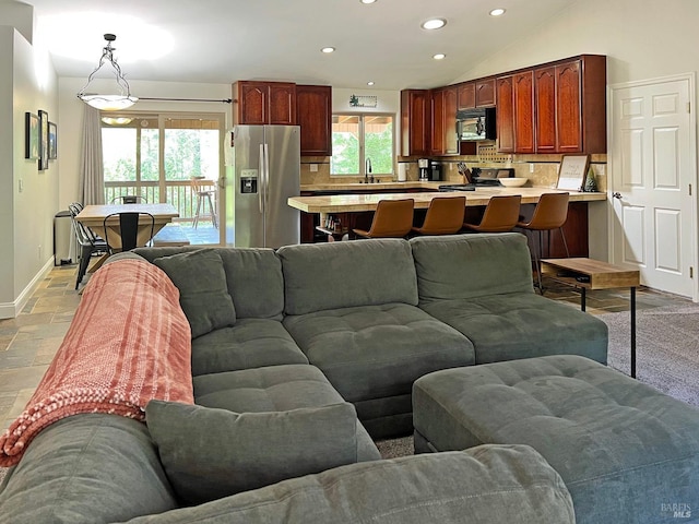 3320 Booth Way, Potter Valley, CA 95469 - living area featuring recessed lighting, stone tile floors, baseboards, and lofted ceiling