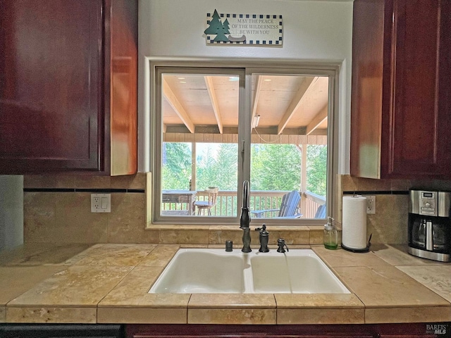 3320 Booth Way, Potter Valley, CA 95469 - kitchen with a sink, tile counters, decorative backsplash, and plenty of natural light
