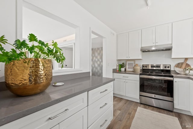 kitchen featuring electric stove, under cabinet range hood, and white cabinetry