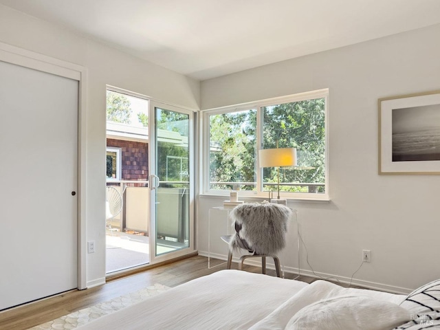 bedroom featuring access to exterior and wood finished floors