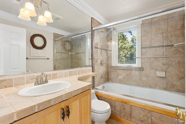 1126 Rimrock Dr, Napa, CA 94558 - bathroom featuring ornamental molding, toilet, tiled shower / bath combo, and vanity