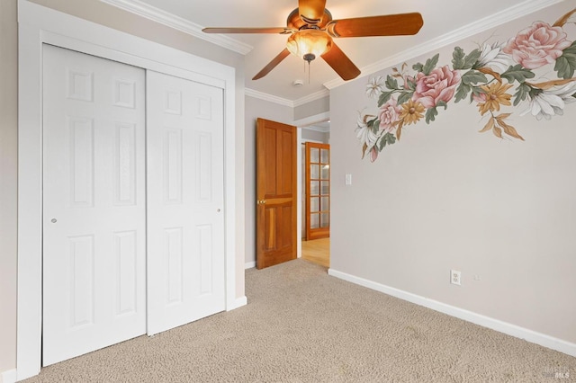 1126 Rimrock Dr, Napa, CA 94558 - unfurnished bedroom featuring carpet, baseboards, ornamental molding, a closet, and ceiling fan