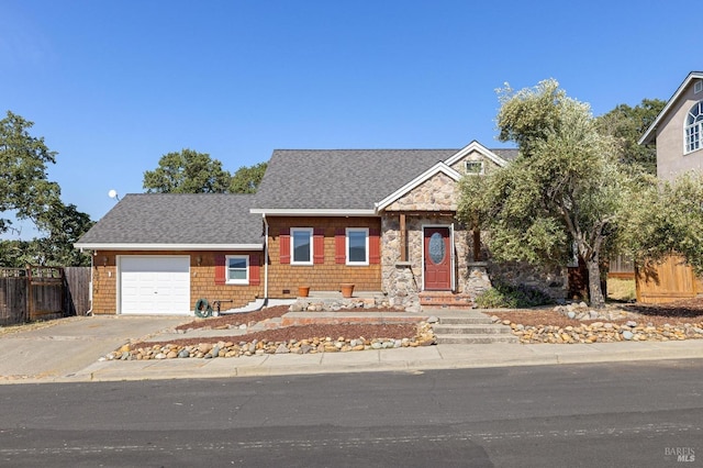 1126 Rimrock Dr, Napa, CA 94558 - view of front of home featuring driveway, an attached garage, a shingled roof, and stone siding