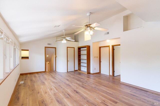 3756 Cano Ct, Napa, CA 94558 - unfurnished living room with ceiling fan, light wood finished floors, baseboards, and high vaulted ceiling