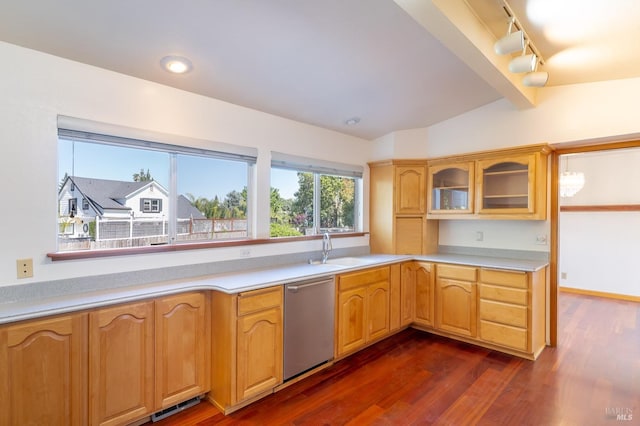 3756 Cano Ct, Napa, CA 94558 - kitchen featuring dishwasher, track lighting, a sink, dark wood-style floors, and light countertops