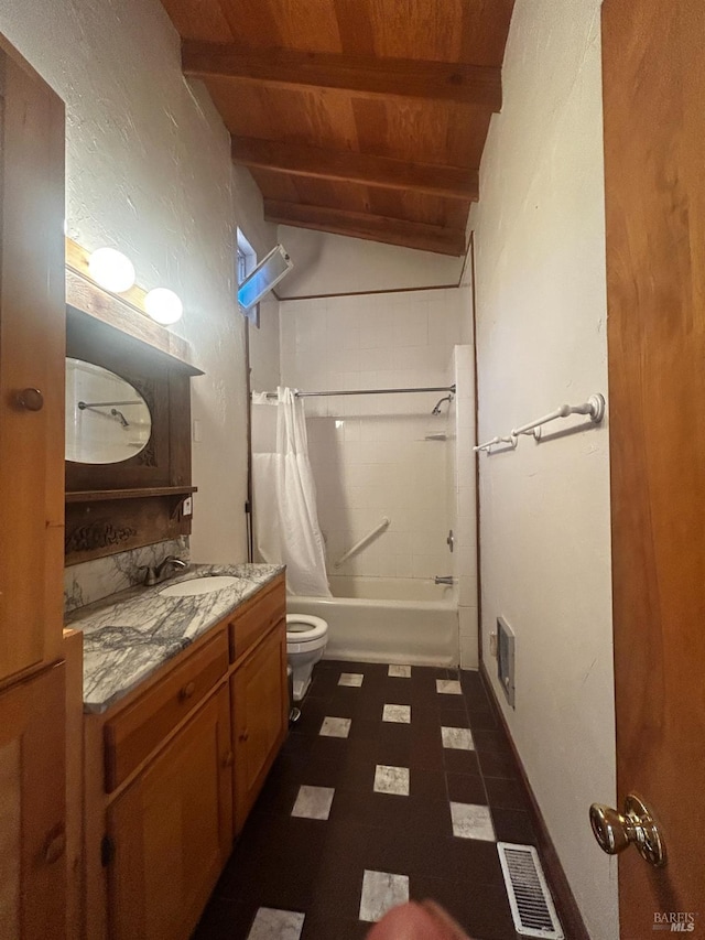 330 Aberdeen Way, Inverness, CA 94937 - full bathroom featuring wooden ceiling, shower / tub combo with curtain, toilet, and vanity