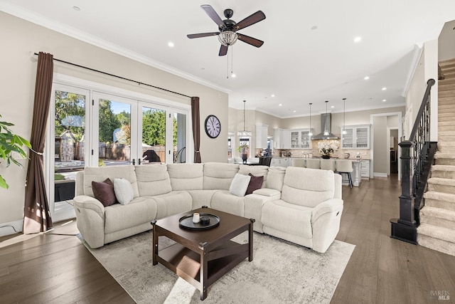 169 Pacific Heights Dr, Santa Rosa, CA 95403 - living room featuring recessed lighting, ceiling fan, wood finished floors, stairs, and ornamental molding