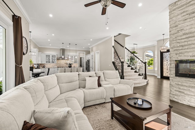 169 Pacific Heights Dr, Santa Rosa, CA 95403 - living room featuring stairway, recessed lighting, light wood-type flooring, ceiling fan, and a fireplace
