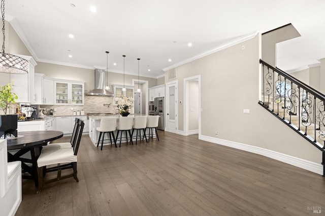 169 Pacific Heights Dr, Santa Rosa, CA 95403 - dining room with recessed lighting, dark wood-style floors, baseboards, crown molding, and stairway