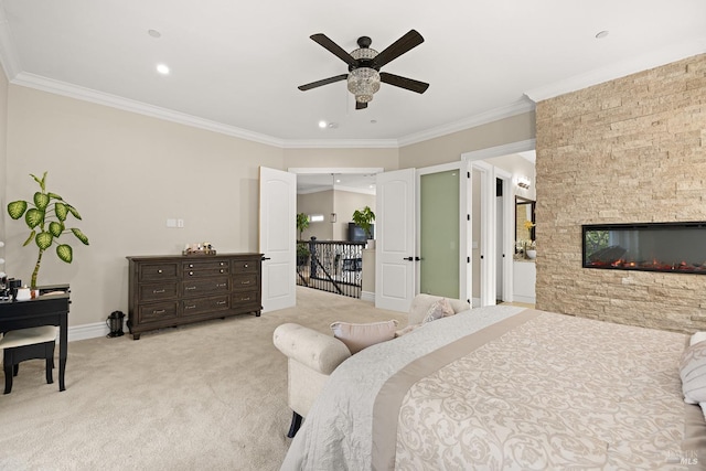 169 Pacific Heights Dr, Santa Rosa, CA 95403 - bedroom featuring light colored carpet, crown molding, a stone fireplace, baseboards, and ceiling fan