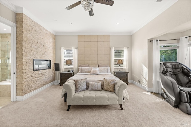 169 Pacific Heights Dr, Santa Rosa, CA 95403 - bedroom featuring light colored carpet, ceiling fan, a fireplace, crown molding, and baseboards
