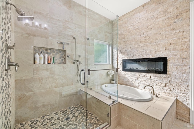 169 Pacific Heights Dr, Santa Rosa, CA 95403 - full bathroom with a stall shower, a jetted tub, and a glass covered fireplace