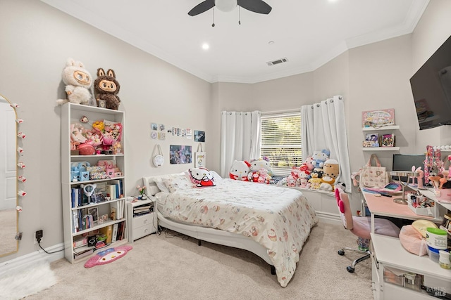 169 Pacific Heights Dr, Santa Rosa, CA 95403 - bedroom with light colored carpet, ornamental molding, a ceiling fan, and recessed lighting