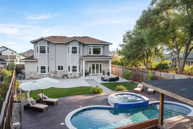 169 Pacific Heights Dr, Santa Rosa, CA 95403 - back of house featuring a fenced backyard, french doors, a patio area, and stone siding