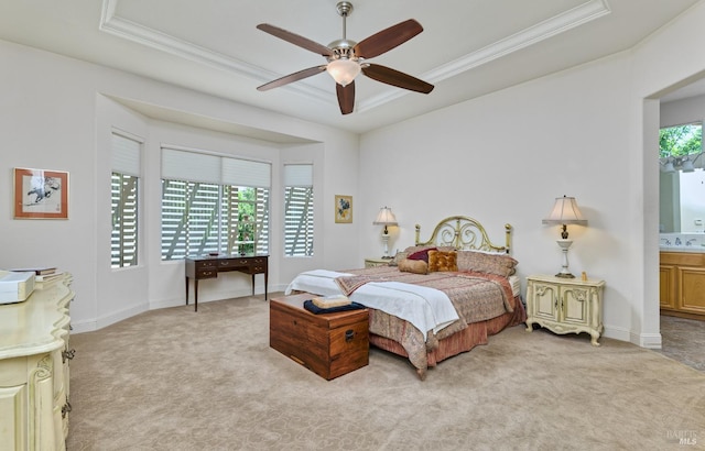 421 Redmont Ln, Rio Vista, CA 94571 - bedroom featuring a tray ceiling, light colored carpet, crown molding, a sink, and ensuite bath