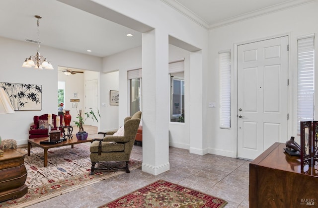 421 Redmont Ln, Rio Vista, CA 94571 - entrance foyer with a chandelier, ornamental molding, light tile patterned flooring, baseboards, and recessed lighting