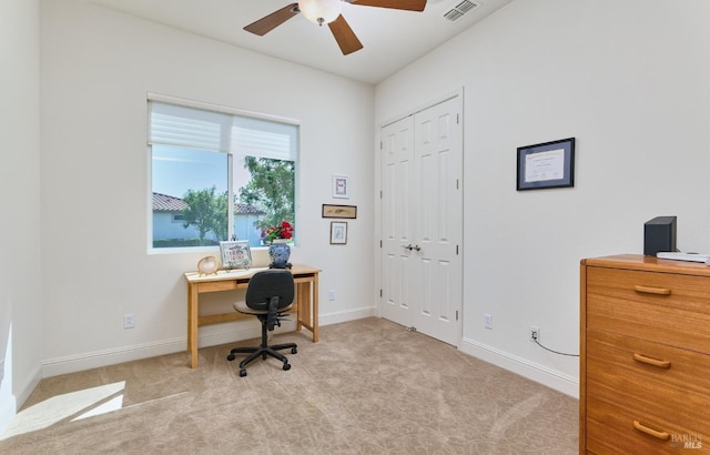421 Redmont Ln, Rio Vista, CA 94571 - office area featuring a ceiling fan, light carpet, and baseboards