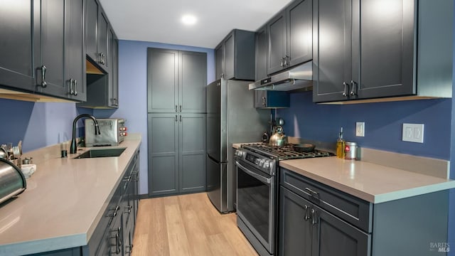 98 Forest Ln, San Rafael, CA 94903 - kitchen with stainless steel gas range, under cabinet range hood, light wood-type flooring, a sink, and light countertops
