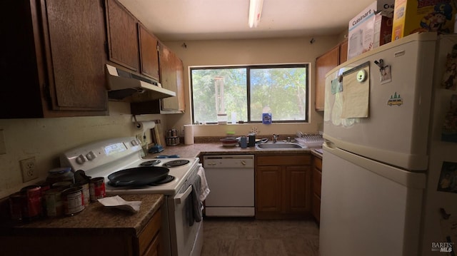 25248 Robinson Rd, Willits, CA 95490 - kitchen with white appliances, under cabinet range hood, and a sink