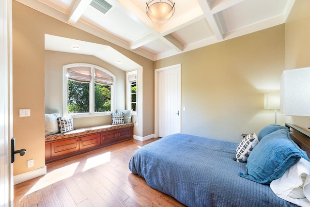 27681 Mace Blvd, Davis, CA 95618 - bedroom featuring coffered ceiling, light wood finished floors, beam ceiling, and baseboards